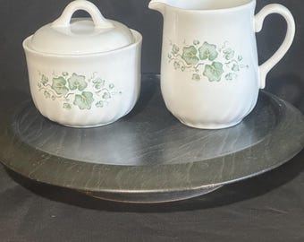 Vintage 90’s Corelle Callaway Ivy Sugar Bowl and Creamer Set, Green Ivy Swirl Stoneware, Lidded Sugar & Creamer, Cottagecore Kitchen Decor