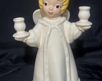 Vintage Ceramic Christmas Angel Candle Holder Dual Taper Candlestick 13” Large Mid Century Glazed Pottery Angel Holiday Centerpiece Decor