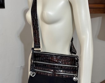 Brighton Black Nylon Brown Croc Patent Leather Crossbody Purse