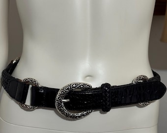 Vintage Brighton Black Croc Embossed Leather Braided Rope Belt with Silvertoned Buckle Size 34