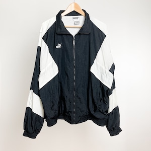 90s Puma Track Jacket XL | Black and White Windbreaker Zip Up Vintage Running Jacket Zipper Adult Extra Large