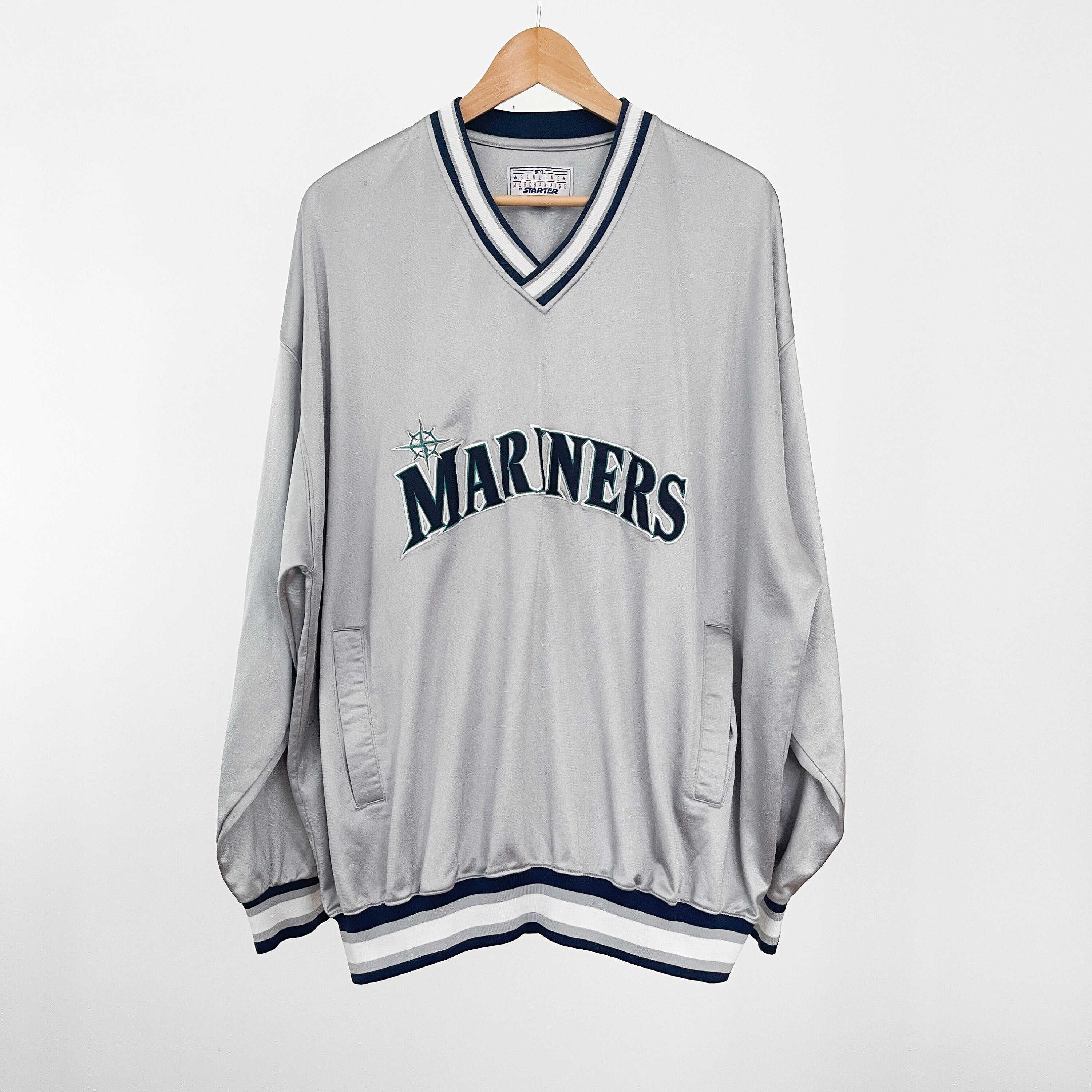 古着 90s STARTER MLB Seattle Mariners XL 90s Seattle Mariners Starter Jacket XL | Silver and Blue Vneck