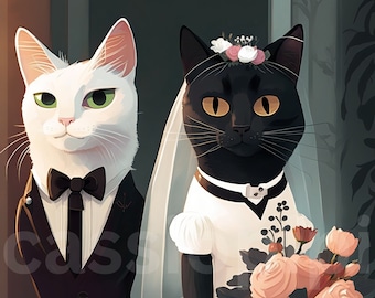 Cat Bride and Groom funny digital download art print