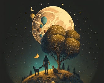 Man on Hill, Dreamy Art Digital Download, arte de parede para impressão, lua, lobo, espaço, céu