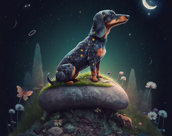 Moonstruck Dachshund, Wiener Dog, Star Wiener, download digital, arte de parede para impressão, Dreamy Wiener Dog, espaço, lua