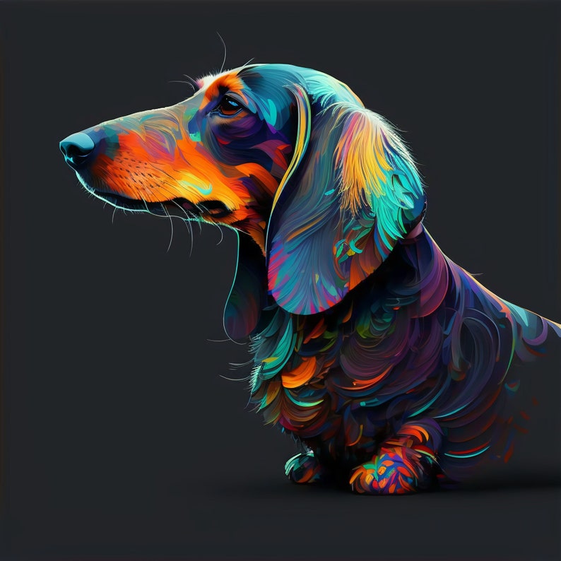 Pode incluir: Uma pintura abstrata colorida de um c&atilde;o salsicha com tons azuis, laranja e roxos. O c&atilde;o est&aacute; olhando para a esquerda e tem as orelhas levantadas.