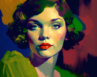 Mulher morena Art Déco, download digital, arte de parede para impressão, arte de parede colorida