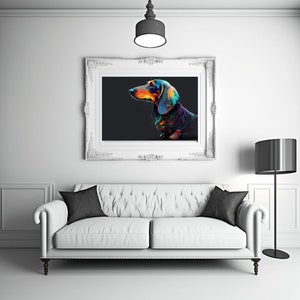 Pode incluir: Uma pintura abstrata colorida de um c&atilde;o salsicha em uma moldura branca, pendurada em uma parede branca acima de um sof&aacute; branco com almofadas pretas.
