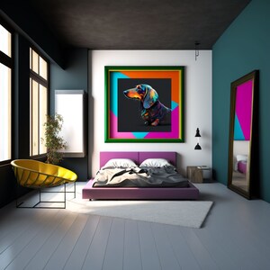 Pode incluir: Um interior de quarto com uma cama roxa, uma cadeira amarela e uma impress&atilde;o emoldurada de um dachshund colorido. A impress&atilde;o tem um fundo preto com uma borda multicolorida.