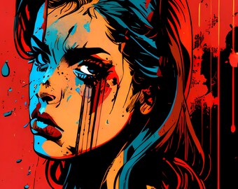 Arte pop moderna estilo quadrinhos, mulher, colorido, vibrante, vermelho
