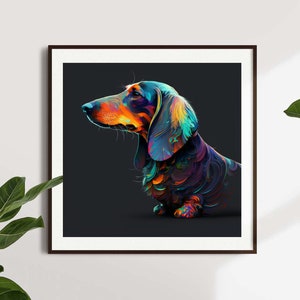 Pode incluir: Uma pintura abstrata colorida de um c&atilde;o salsicha sobre um fundo escuro. O c&atilde;o &eacute; retratado em tons de azul, verde, laranja e amarelo.