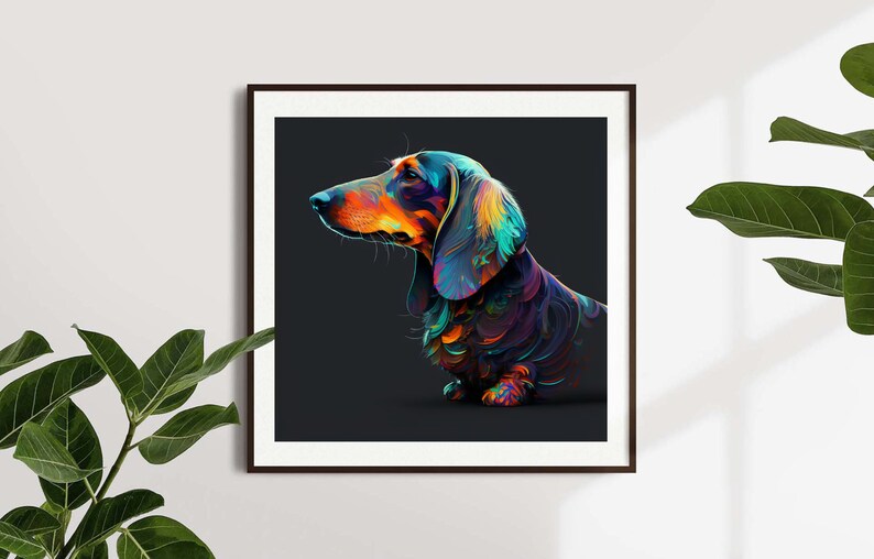Pode incluir: Uma pintura abstrata colorida de um c&atilde;o salsicha sobre um fundo escuro. O c&atilde;o &eacute; retratado em tons de azul, verde, laranja e amarelo.