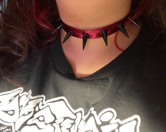 red ribbon spiked choker