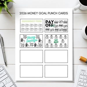 May include: A white paper with the text "2026 MONEY GOAL PUNCH CARDS" at the top. The card has sections for "Emergency Fund", "Pay Off", "Vacay Savings", and "Save Money". Each section has illustrations of money, credit cards, and travel items.