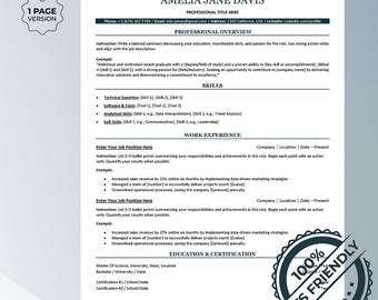 May include: A resume template with the name Amelia Jane Davis, featuring sections for professional overview, skills, work experience, and education. Includes features like ATS-friendly design, customizable options, and a bonus interview tracker.