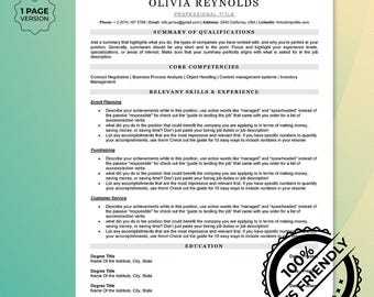 May include: A resume template with the name "Olivia Reynolds" at the top. The resume is white with black text and includes sections for qualifications, skills, and experience. Features include ATS-friendly design, customizable options, and a bonus package.
