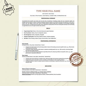 ATS Resume for data scientist and analyst -  Editable word and google docs