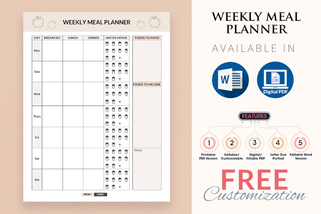Weekly Meal Planner in Digital PDF | Eating Planner | Diet Planner ...