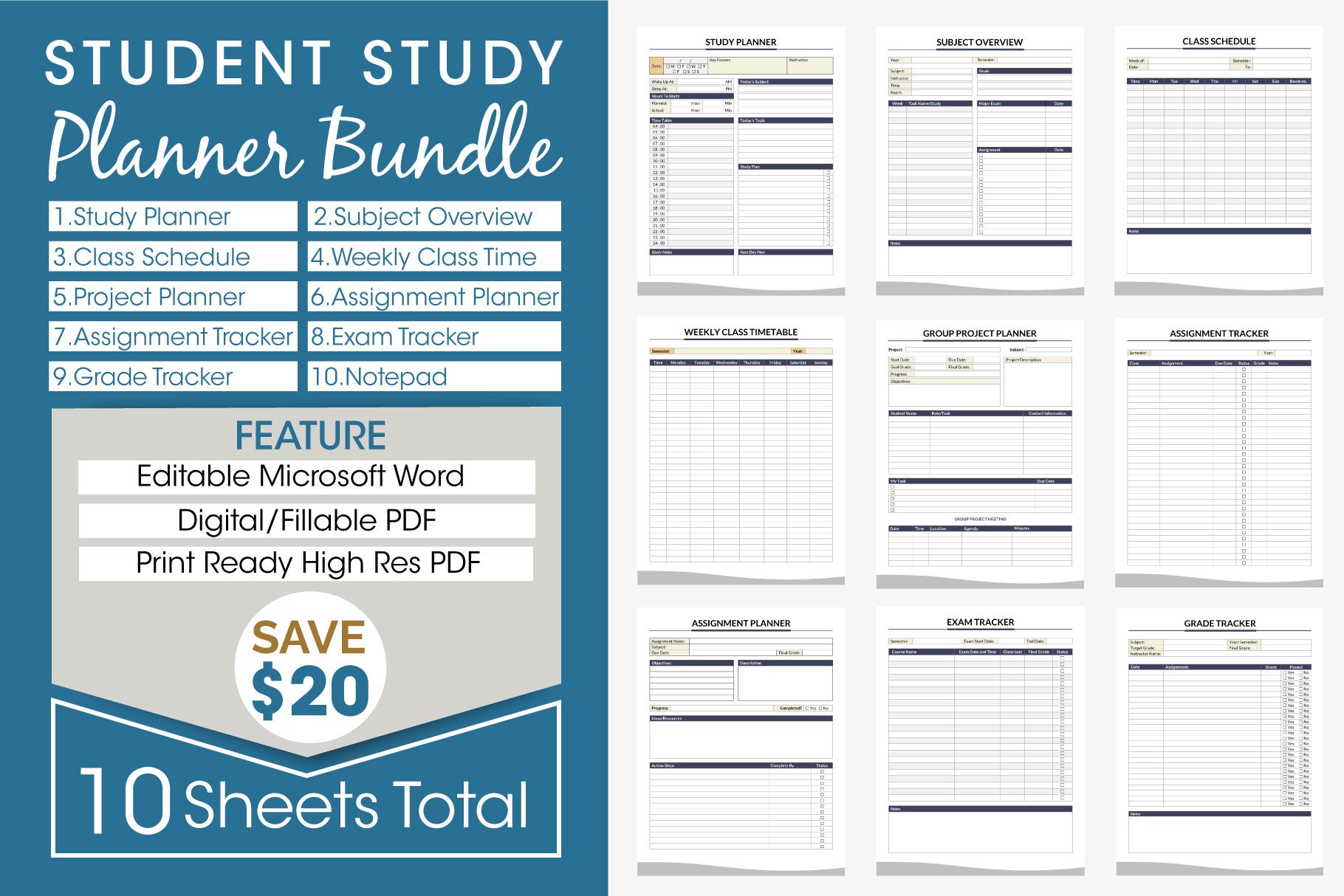 Student Study Planner Bundle: Printable & Digital (PDF, Word) - Etsy