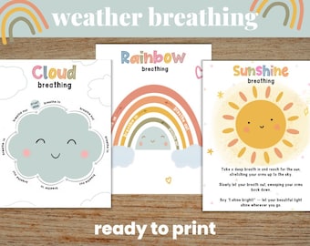 Imprimibles de respiración según el clima, respiración arcoíris, actividades relajantes para niños, rincón de la calma, atención plena para niños, actividades según el clima, sol