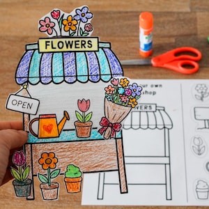 Manualidad de primavera para recortar y pegar en una floristería: actividad imprimible de motricidad fina