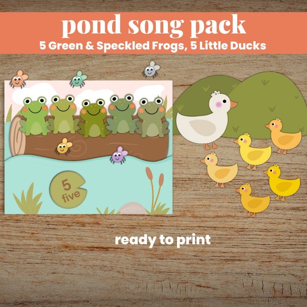 Pond Song Printable Pack, 5 Green and Speckled Frogs, Five Little Ducks, Preschool Music Curriculum, Pond Activities