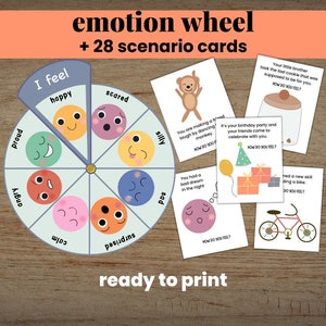 Rueda de emociones y tarjetas con escenarios emocionales, aprendizaje socioemocional, currículo preescolar, jardín de infantes, rincón de la calma