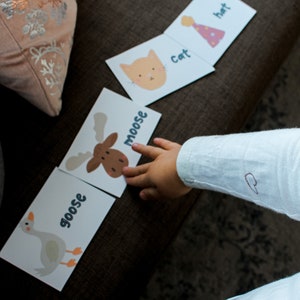 May include: A child's hand points to a flashcard with a brown moose illustration and the word "moose" written vertically in blue letters. Other flashcards with illustrations of a goose, cat, and hat are visible on a brown surface.