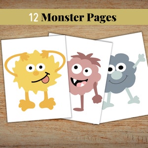 K&ouml;nnte beinhalten: Drei druckbare Seiten mit Cartoon-Monstern. Das erste Monster ist gelb mit einem gro&szlig;en L&auml;cheln und herausgestreckter Zunge. Das zweite Monster ist rosa mit einem gro&szlig;en L&auml;cheln und sichtbaren Z&auml;hnen. Das dritte Monster ist grau mit einem gro&szlig;en L&auml;cheln und einer kleinen Nase.