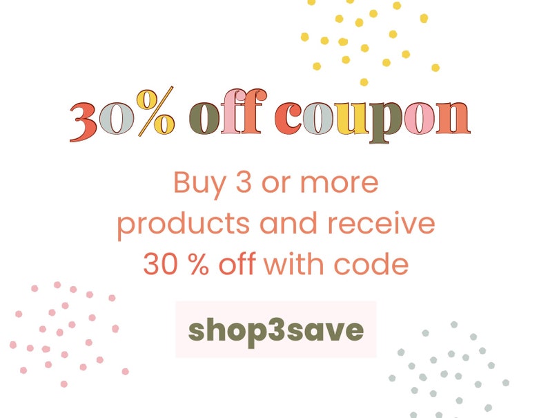 Puede incluir: Un gr&aacute;fico colorido con el texto "30% de descuento en el cup&oacute;n" y el texto "Compra 3 o m&aacute;s productos y recibe un 30% de descuento con el c&oacute;digo shop3save".