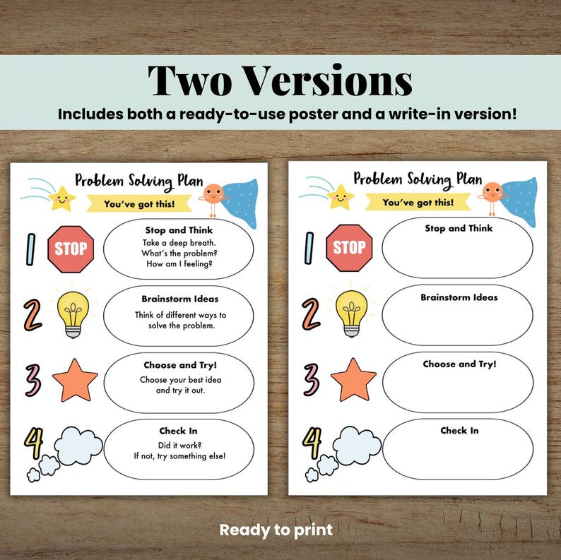 May include: Two versions of a problem-solving plan are displayed. The poster includes a stop sign, lightbulb, star, and cloud icons with prompts for thinking, brainstorming, choosing, and checking in. The text reads "Ready to print."