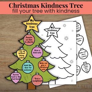 Puede incluir: Un kit de manualidades de Árbol de la Bondad Navideño con un árbol verde, adornos con indicaciones de bondad y el texto "Christmas Kindness Tree fill your tree with kindness". Incluye un árbol en blanco para colorear.