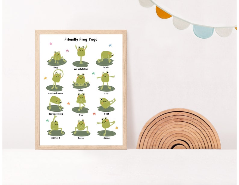 May include: A printable poster with a green frog in different yoga poses. The poster has the text "Friendly Frog Yoga" at the top and the names of each pose below the frog.