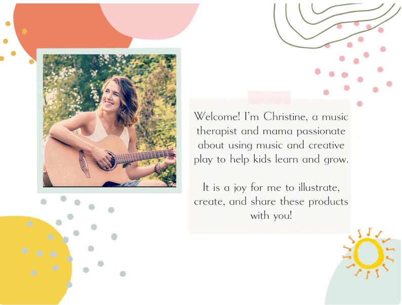 May include: A woman smiling while playing a wooden acoustic guitar outdoors. The image includes text that reads: "Welcome! I'm Christine, a music therapist and mama passionate about using music and creative play to help kids learn and grow."