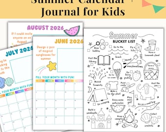 Agenda d'été imprimable pour enfants, calendrier d'été et liste de seaux