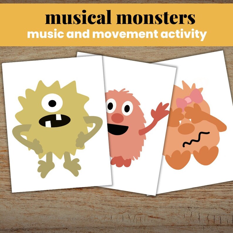 K&ouml;nnte beinhalten: Drei druckbare Karten mit Cartoon-Monstern mit verschiedenen Gesichtsausdr&uuml;cken. Die Monster sind gelb, rosa und orange. Die Karten sind mit "musical monsters music and movement activity" betitelt.