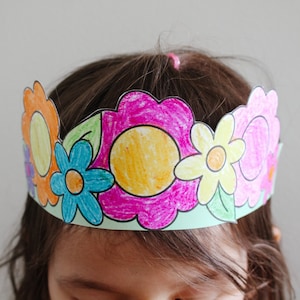 Corona di fiori stampabile, lavoretto primaverile per bambini, lavoretto estivo per bambini, lavoretto prescolare, motricità fine dei fiori, programma scolastico prescolare