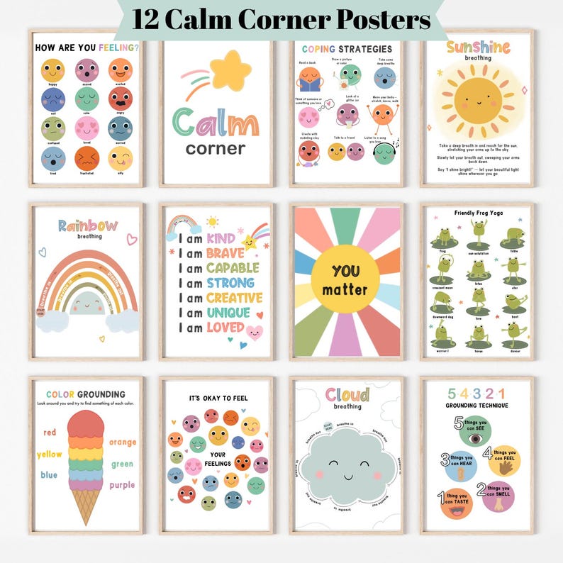 Calm Corner Poster Set, 12 Printable Posters for Emotional Regulation, Mindfulness & Classroom SEL image 1