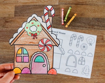 Manualidad de casa de jengibre navideña para niños, actividad imprimible navideña, haz una casa de jengibre, colorea en invierno