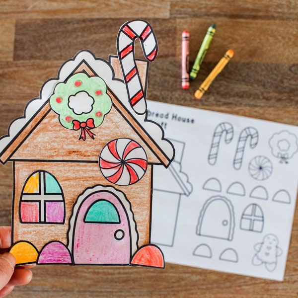 Christmas Gingerbread House Craft, Christmas Preschool Printable, Kid Christmas Craft, Make a Gingerbread House, Winter Colouring Page