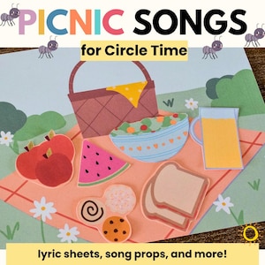 Puede incluir: Una colorida ilustración con el texto "PICNIC SONGS for Circle Time". La imagen presenta recortes con temática de picnic, que incluyen una cesta, manzanas, sandía, ensalada y un vaso de jugo. También se incluye el texto "lyric sheets, song props, and more!"