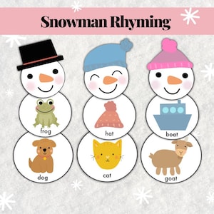 Bonhomme de neige avec rimes, Programme préscolaire, Activités pour la maternelle, Cartes d'images avec rimes, Jeux d'hiver à imprimer pour les enfants d'âge préscolaire