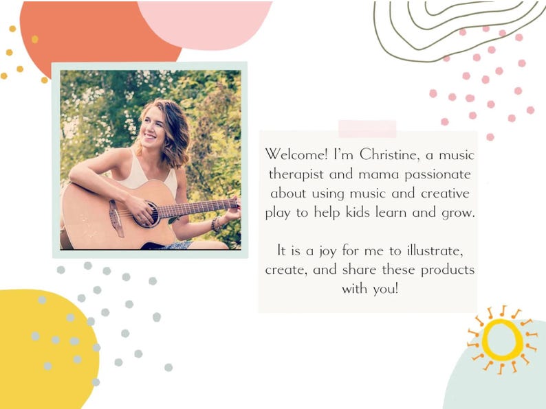 May include: A woman playing an acoustic guitar, smiling, in a square photo frame. The image is set against a backdrop of abstract shapes and text that reads: "Welcome! I'm Christine... It is a joy for me to illustrate, create, and share these products with you!"
