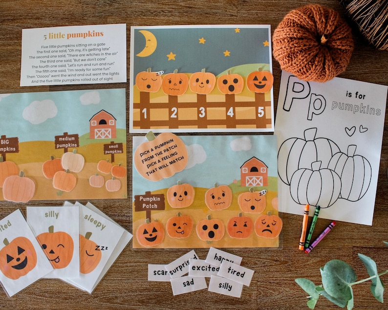 Puede incluir: Un conjunto de actividades educativas de Halloween para imprimir para ni&ntilde;os. El conjunto incluye una actividad de conteo con cinco calabazas, un juego de emparejamiento con caras de calabazas y una p&aacute;gina para colorear con la letra P y la palabra "calabazas".