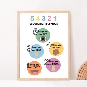 May include: A colourful poster with the text "5-4-3-2-1 Grounding Technique" and five circles with numbers and icons representing the five senses. The circles are green, blue, orange, yellow, and purple.