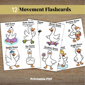 Pode incluir: Conjunto de 12 cart&otilde;es de movimento com gansos de desenho animado em v&aacute;rias poses. Cada cart&atilde;o tem uma atividade diferente, como patinar, andar de skate e tocar bateria. O texto "PDF para impress&atilde;o" est&aacute; na parte inferior.