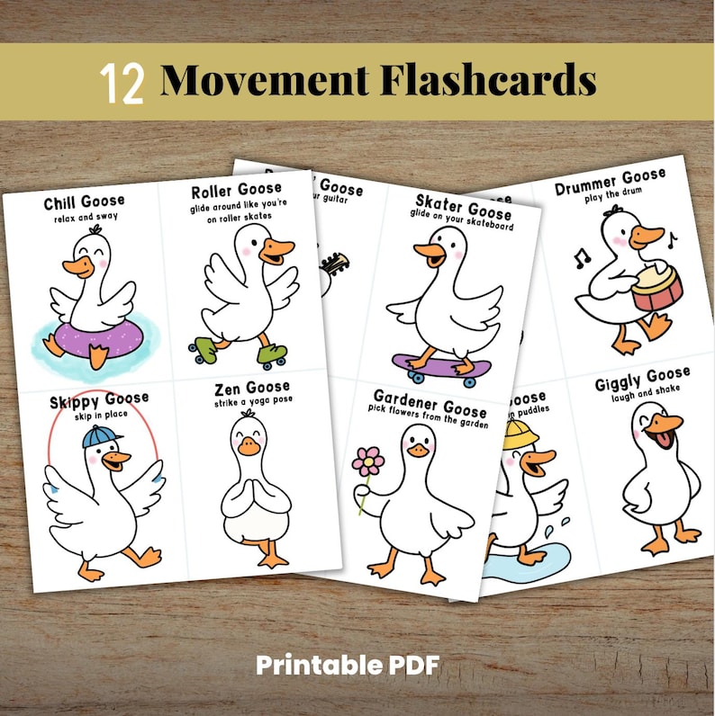 Pode incluir: Conjunto de 12 cart&otilde;es de movimento com gansos de desenho animado em v&aacute;rias poses. Cada cart&atilde;o tem uma atividade diferente, como patinar, andar de skate e tocar bateria. O texto "PDF para impress&atilde;o" est&aacute; na parte inferior.