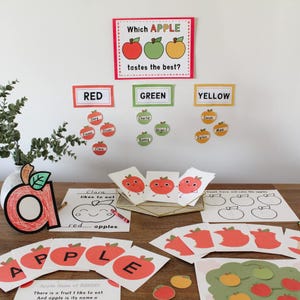 Activiteitenpakket voor kleuters met als thema appels, de letter A staat voor appel, lesprogramma voor kleuters, knutselwerkjes met appels, printbare herfstactiviteiten voor kleuters, kringgesprek
