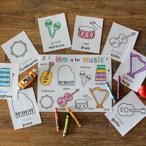 Coloriage en musique et cartes-éclair, Devinez l'instrument à colorier, Mots à colorier, Impressions musique pour enfants d'âge préscolaire