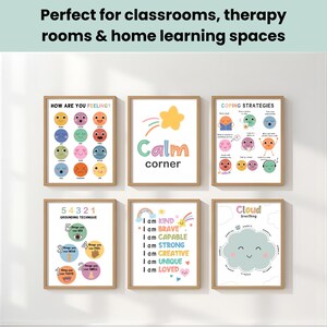 May include: Six framed educational posters with colorful illustrations and text. The posters include topics like feelings, coping strategies, and grounding techniques. The text on the posters includes "How are you feeling?", "Calm corner", and "Cloud breathing".